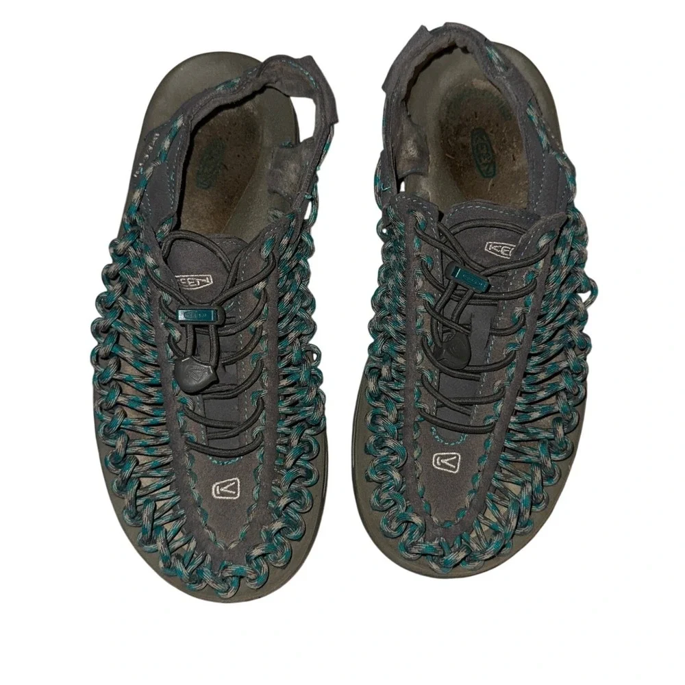 KEEN Uneek Women 8.5 Dark Grey Teal Braided Cord Sport Sandals 1014113